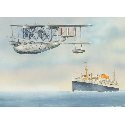 415 - Ron Davies - Duel of Eagles and seaplane, two aviation interest gouaches, one with details to the mo... 