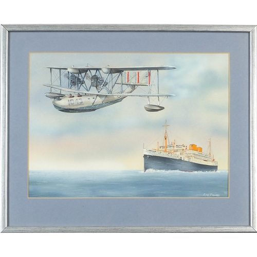 415 - Ron Davies - Duel of Eagles and seaplane, two aviation interest gouaches, one with details to the mo... 