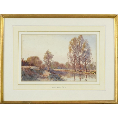 263 - Arthur Kemp Tebby - River landscape with trees, early 20th century watercolour, details verso, mount... 