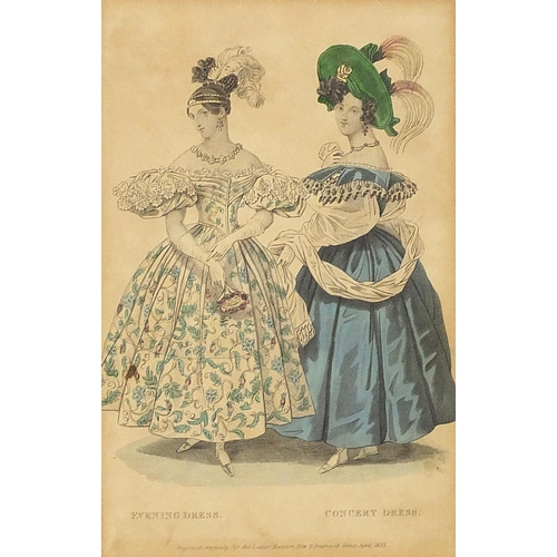 1736 - Set of nine 19th century coloured fashion plates including summer riding dress, evening dress and ba... 