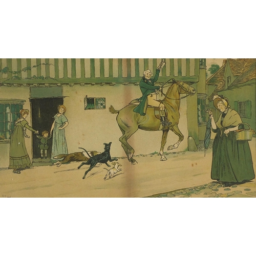 173 - After Cecil Aldin - Street scene with figures and horse, pair of prints in colour, mounted, framed a... 