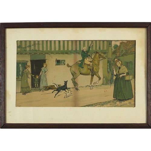 173 - After Cecil Aldin - Street scene with figures and horse, pair of prints in colour, mounted, framed a... 