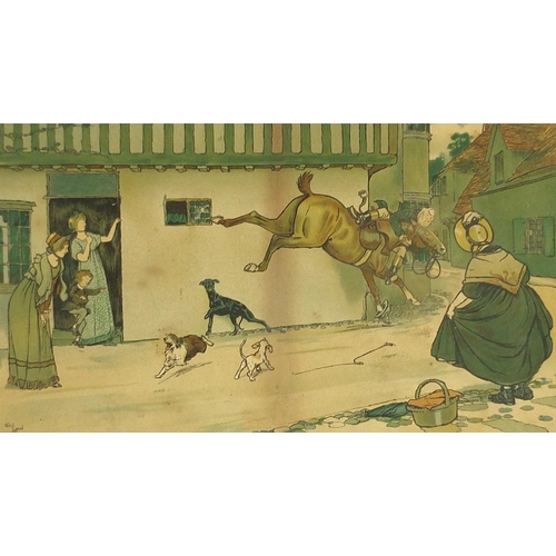 173 - After Cecil Aldin - Street scene with figures and horse, pair of prints in colour, mounted, framed a... 