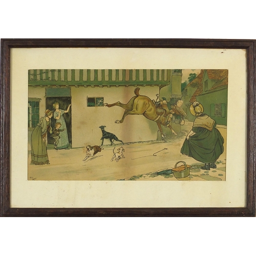 173 - After Cecil Aldin - Street scene with figures and horse, pair of prints in colour, mounted, framed a... 