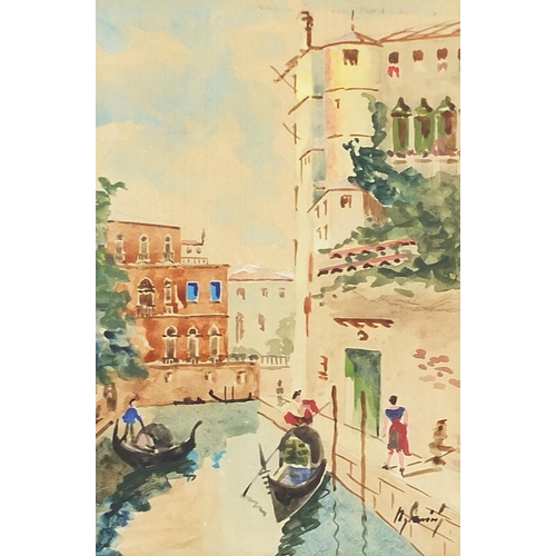 193 - Venetian canals with gondolas, pair of mixed medias, each indistinctly signed, mounted, framed and g... 