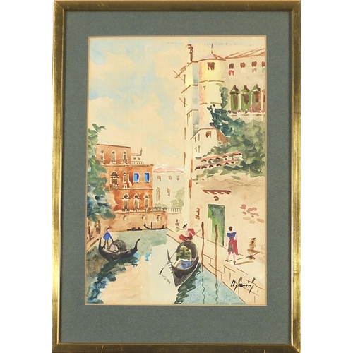 193 - Venetian canals with gondolas, pair of mixed medias, each indistinctly signed, mounted, framed and g... 