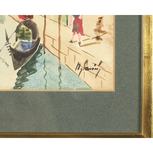 193 - Venetian canals with gondolas, pair of mixed medias, each indistinctly signed, mounted, framed and g... 