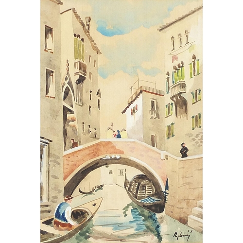 193 - Venetian canals with gondolas, pair of mixed medias, each indistinctly signed, mounted, framed and g... 