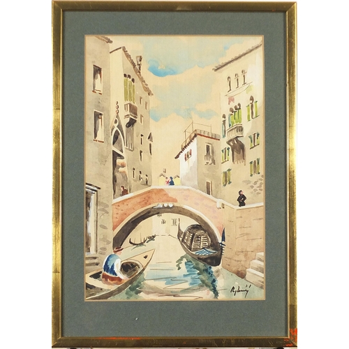 193 - Venetian canals with gondolas, pair of mixed medias, each indistinctly signed, mounted, framed and g... 