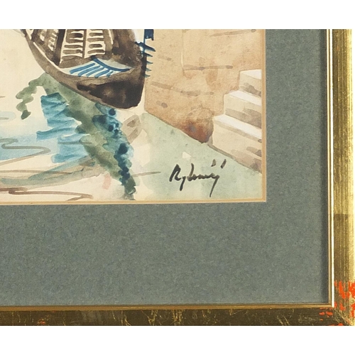 193 - Venetian canals with gondolas, pair of mixed medias, each indistinctly signed, mounted, framed and g... 