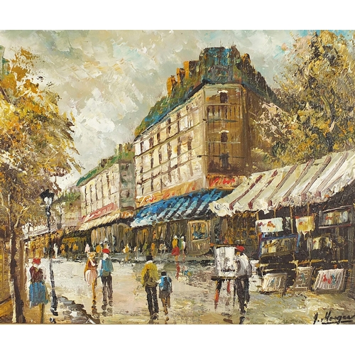 140 - Parisian street scenes with figures, two French school oil on boards, each mounted and framed, the l... 