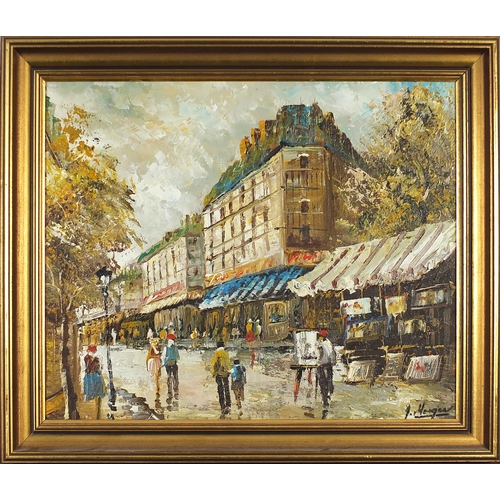 140 - Parisian street scenes with figures, two French school oil on boards, each mounted and framed, the l... 