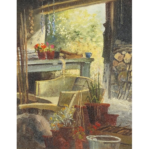 77 - Pamela Hughes - Gardener's Retreat and The Flower Arranger, pair of British oil on canvasses, labels... 