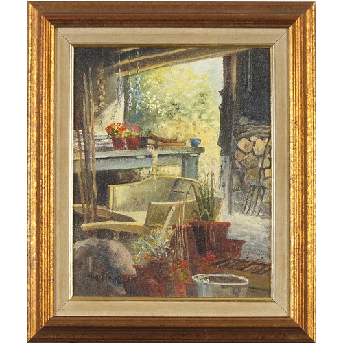 77 - Pamela Hughes - Gardener's Retreat and The Flower Arranger, pair of British oil on canvasses, labels... 