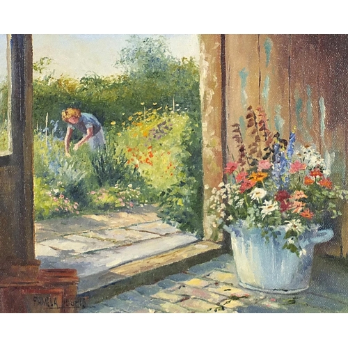 77 - Pamela Hughes - Gardener's Retreat and The Flower Arranger, pair of British oil on canvasses, labels... 