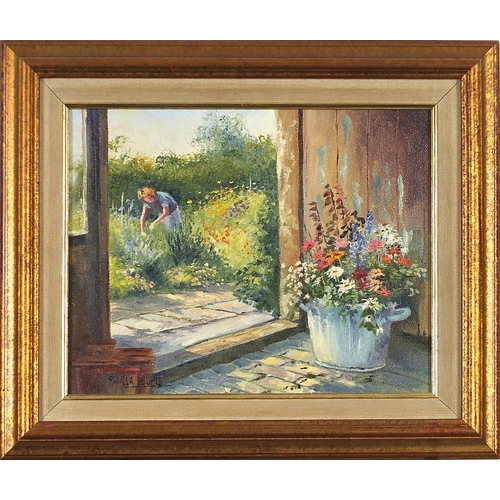 77 - Pamela Hughes - Gardener's Retreat and The Flower Arranger, pair of British oil on canvasses, labels... 