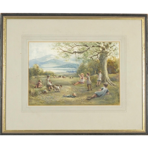 169 - Children and cattle before mountains, early 20th century watercolour, mounted, framed and glazed, 25... 