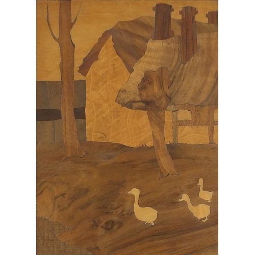 107A - Rowley Gallery, Arts & Crafts rectangular wall mirror with wooden marquetry panel inlaid with ducks ... 