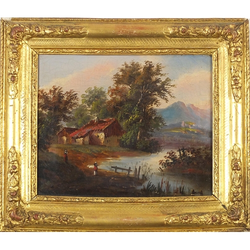 79 - River landscape with figures, late 19th/early 20th century oil on canvas, mounted and framed, 25cm x... 