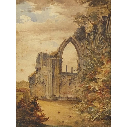 98 - Cathedral ruins and gateway, pair of antique watercolours, mounted framed and glazed, each 25cm x 17... 