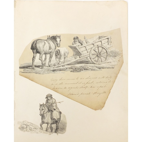 235 - Collection of 19th century pencil and sepia watercolours, including landscapes and horses, two signe... 