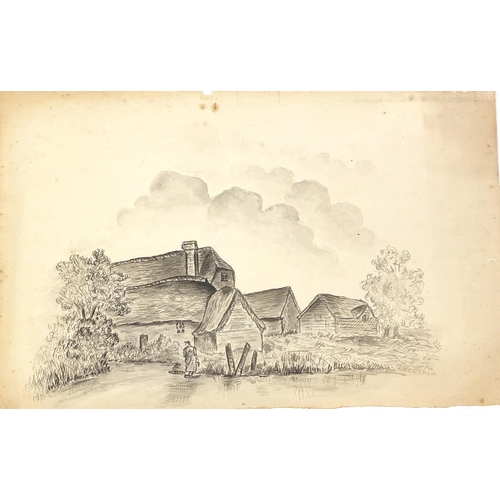 235 - Collection of 19th century pencil and sepia watercolours, including landscapes and horses, two signe... 