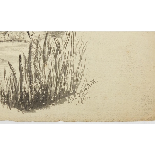 235 - Collection of 19th century pencil and sepia watercolours, including landscapes and horses, two signe... 