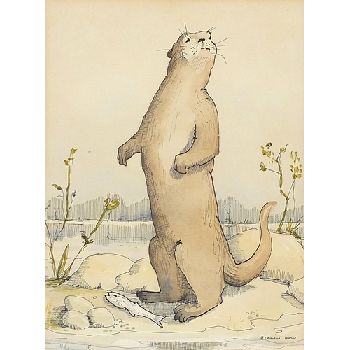 195 - Stann Hoy - Otters, pair of ink and watercolours, mounted, framed and glazed, each 23.5cm x 18cm exc... 