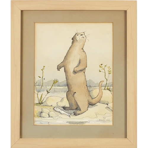 195 - Stann Hoy - Otters, pair of ink and watercolours, mounted, framed and glazed, each 23.5cm x 18cm exc... 