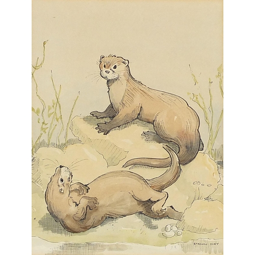 195 - Stann Hoy - Otters, pair of ink and watercolours, mounted, framed and glazed, each 23.5cm x 18cm exc... 