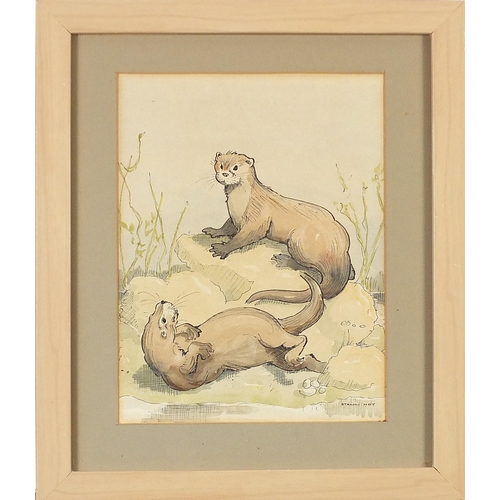 195 - Stann Hoy - Otters, pair of ink and watercolours, mounted, framed and glazed, each 23.5cm x 18cm exc... 