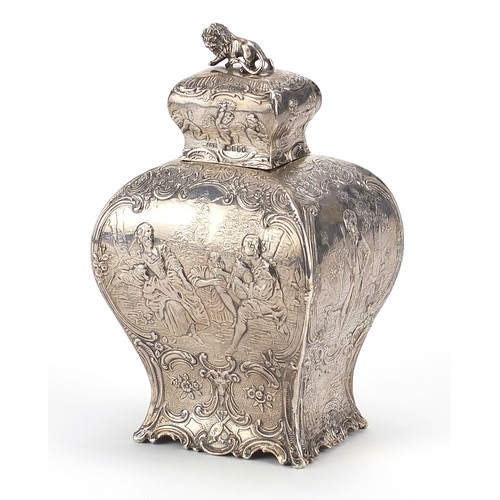 16 - Antique Dutch silver caddy embossed with figures playing musical instruments, shepherd and Putti, im... 