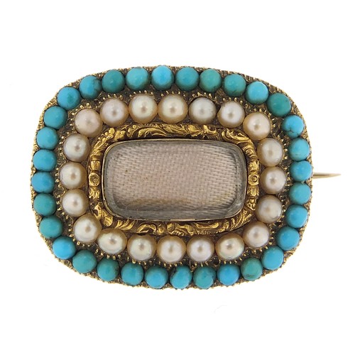 137 - Antique unmarked gold pearl and turquoise mourning brooch, 2.9cm wide, 9.6g
