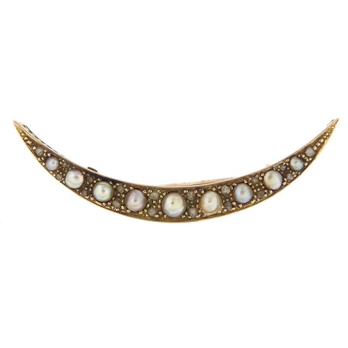 139 - Antique unmarked high carat gold pearl and diamond moon crest brooch, 5.5cm wide, 4.7g