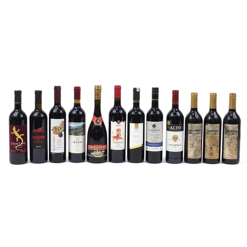 853 - Twelve bottles of red wine including Chateau Ksara Dendarves, Shiraz and Zantho Merlot