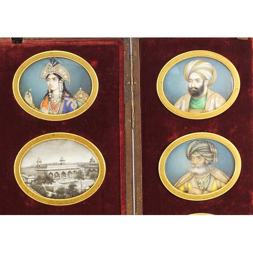 3 - Sixteen Indian Mughal oval portrait miniatures hand painted onto ivory of temples and figures, each ... 