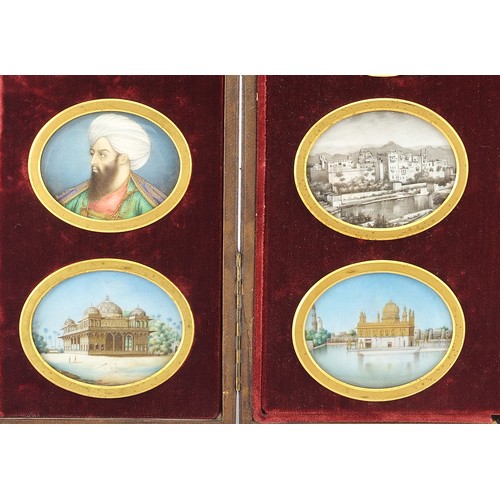 3 - Sixteen Indian Mughal oval portrait miniatures hand painted onto ivory of temples and figures, each ... 