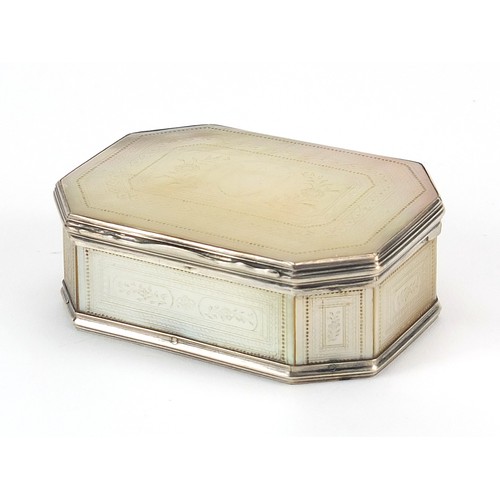 4 - 18th century silver mounted mother of pearl snuff box carved with flowers, 2.2cm H x 7.5cm W x 5.5cm... 