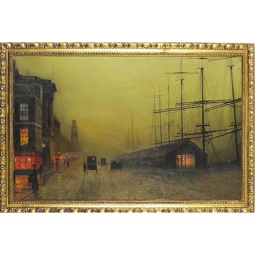 1492 - After Walter Linsley Meegan - Liverpool dock scene with ships, oil on board, mounted and framed, 67c... 