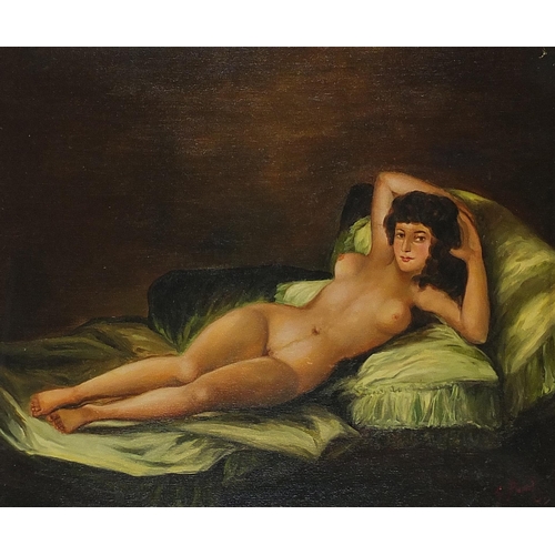 1501 - After Francisco de Goya - The naked female, oil on board, mounted and framed, 50cm x 41.5cm excludin... 