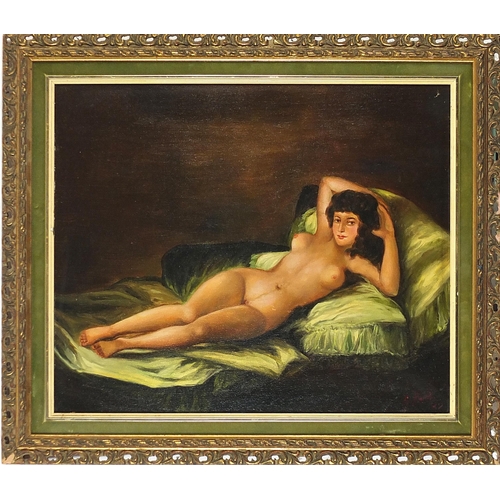 1501 - After Francisco de Goya - The naked female, oil on board, mounted and framed, 50cm x 41.5cm excludin... 