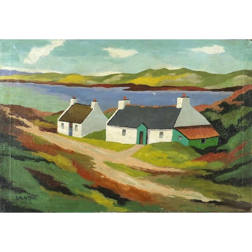 1489 - Manner of Donald McIntyre - Cottages before a lake, oil on canvas, unframed, 66cm x 45cm