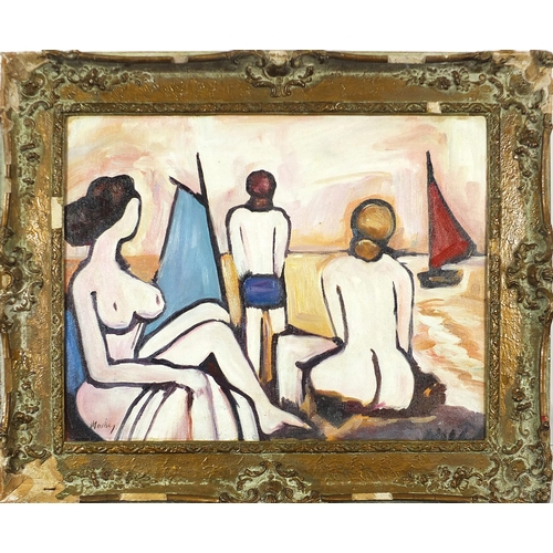 1352 - Manner of Markey Robinson - Three nude figures on a beach, Irish school oil on board, mounted and fr... 