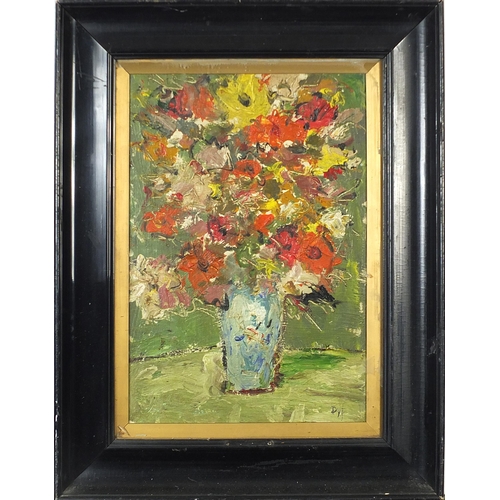 1373 - Still life flowers in a vase, Scottish Colourist school oil on canvas, mounted, framed and glazed, 4... 