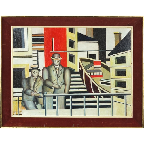 1314 - Manner of Fernand Leger - Abstract composition, two figures, French school oil on board, mounted and... 