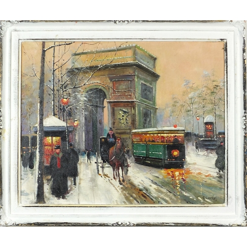 1333 - Parisian street scene with figures and horse and cart, French school oil on board, mounted and frame... 