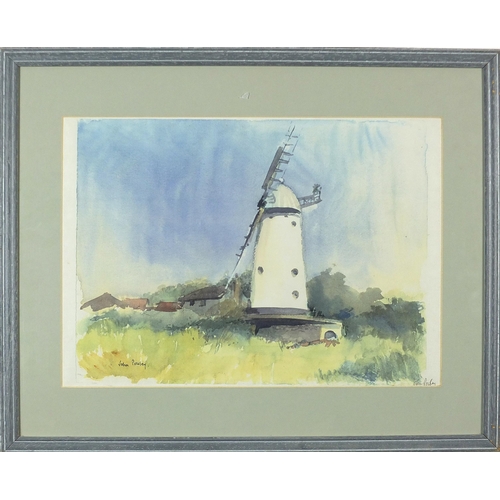 1335 - John Powley - Windmill before buildings, watercolour, mounted, framed and glazed, 40cm x 28.5cm excl... 