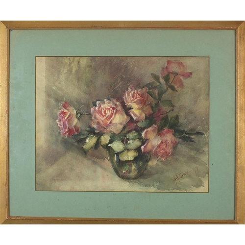 1488 - A Pierce '47 - Still life roses in a vase, mid 20th century watercolour, mounted, framed and glazed,... 