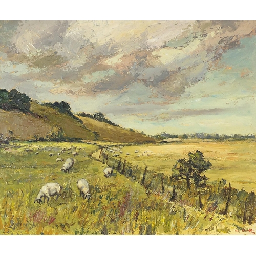 1490 - May Monckton 1978 - Romney Marsh, oil on board, At the Mall Galleries Exhibition label verso, mounte... 