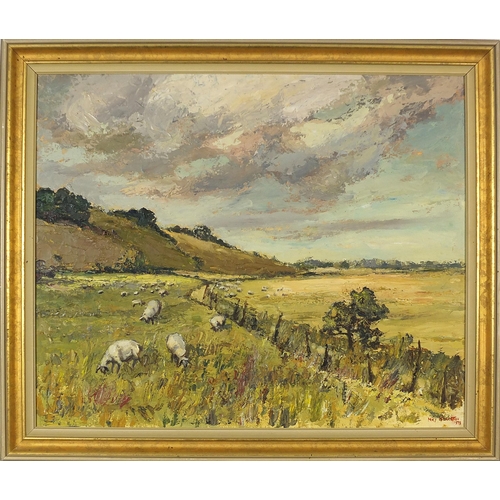 1490 - May Monckton 1978 - Romney Marsh, oil on board, At the Mall Galleries Exhibition label verso, mounte... 